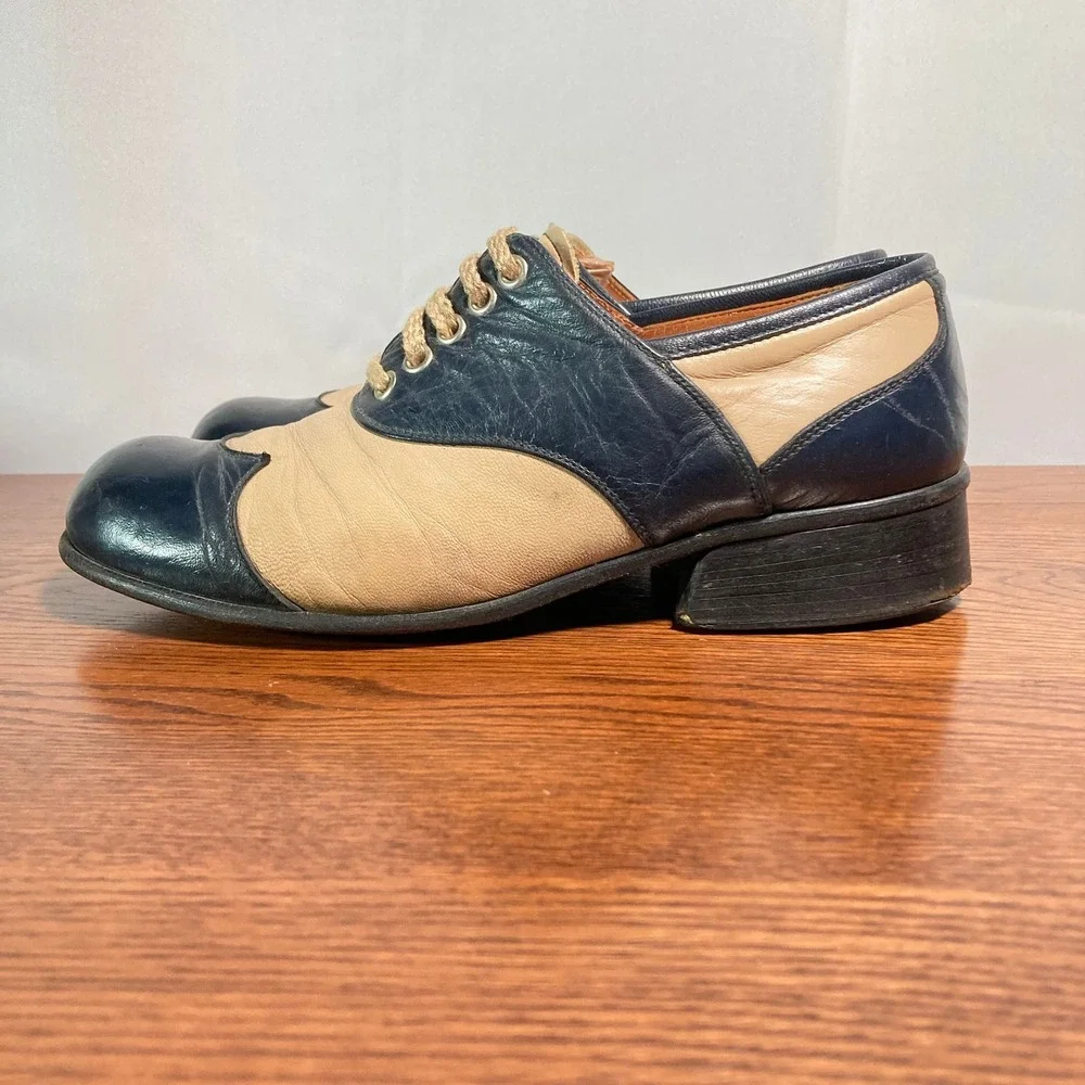 1970s Two Tone Platform Disco Italian Derbies Double Wingtip Chunky Womens 6.5 W